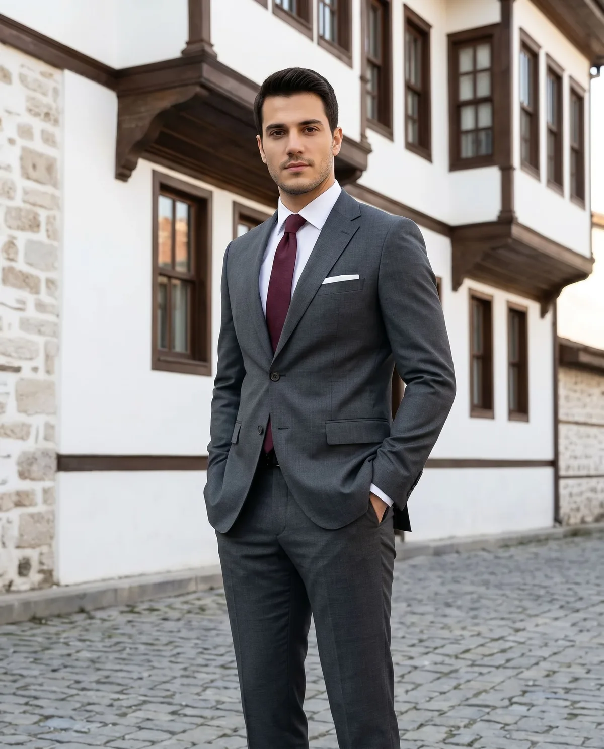 Charcoal Slim Fit Suit — Burgundy Tie - 5
