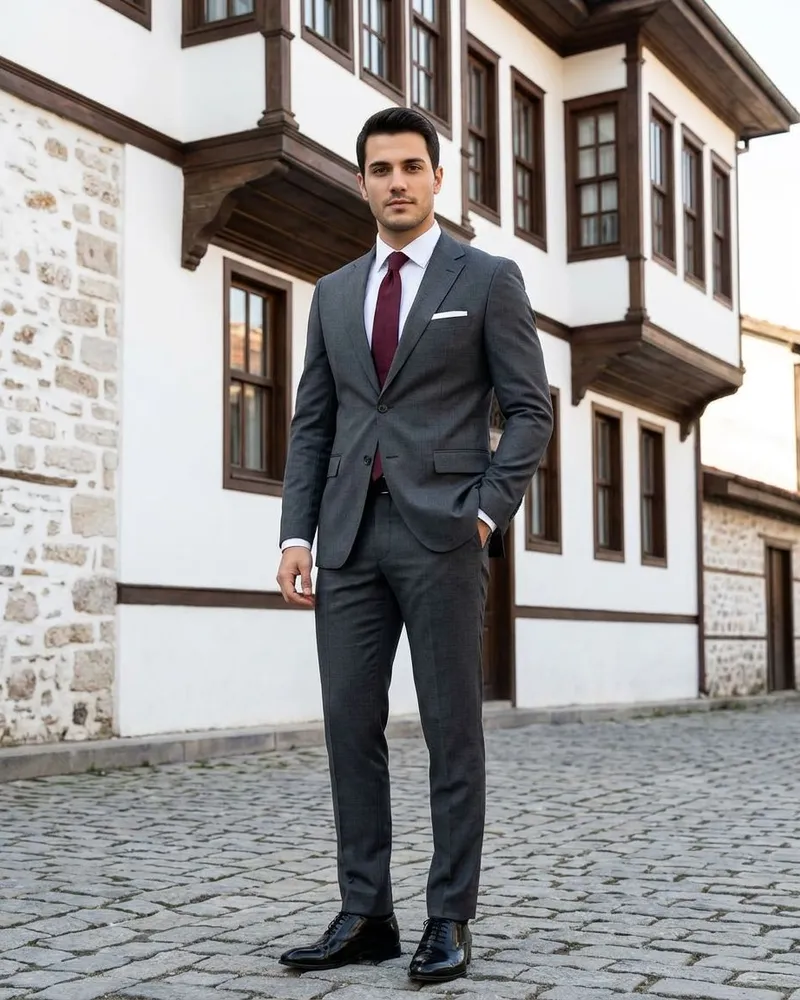 Charcoal Slim Fit Suit Burgundy Tie - SAVAS