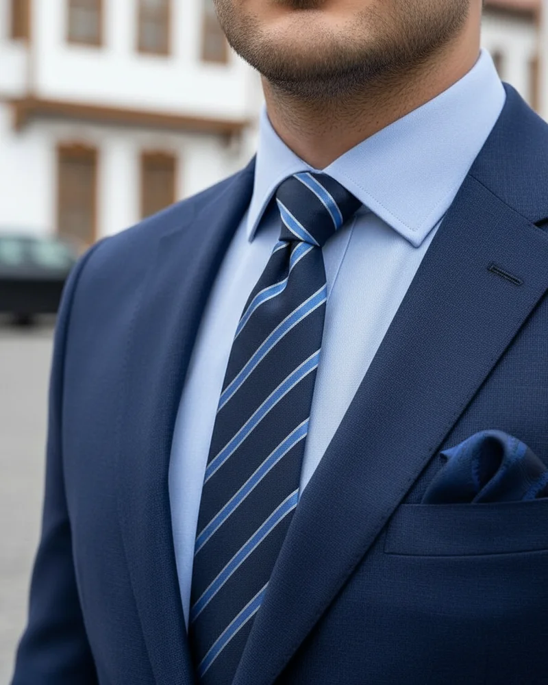 Navy Slim Fit Suit — Striped Tie - 2