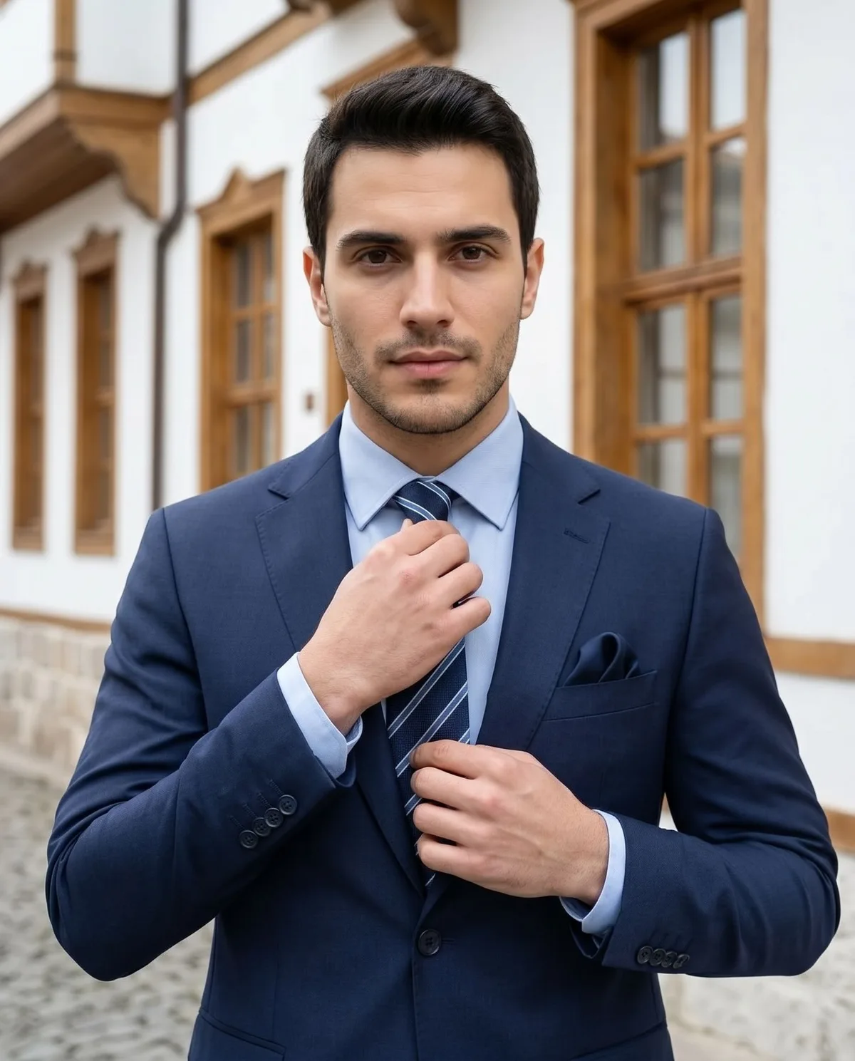 Navy Slim Fit Suit — Striped Tie - 3