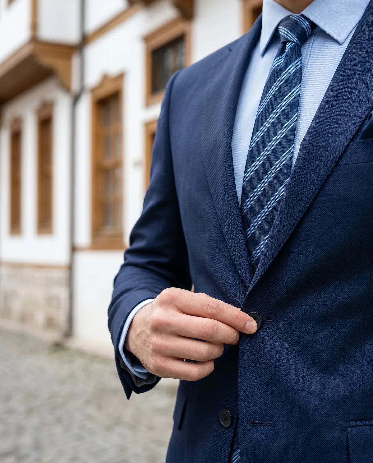 Navy Slim Fit Suit — Striped Tie - 4