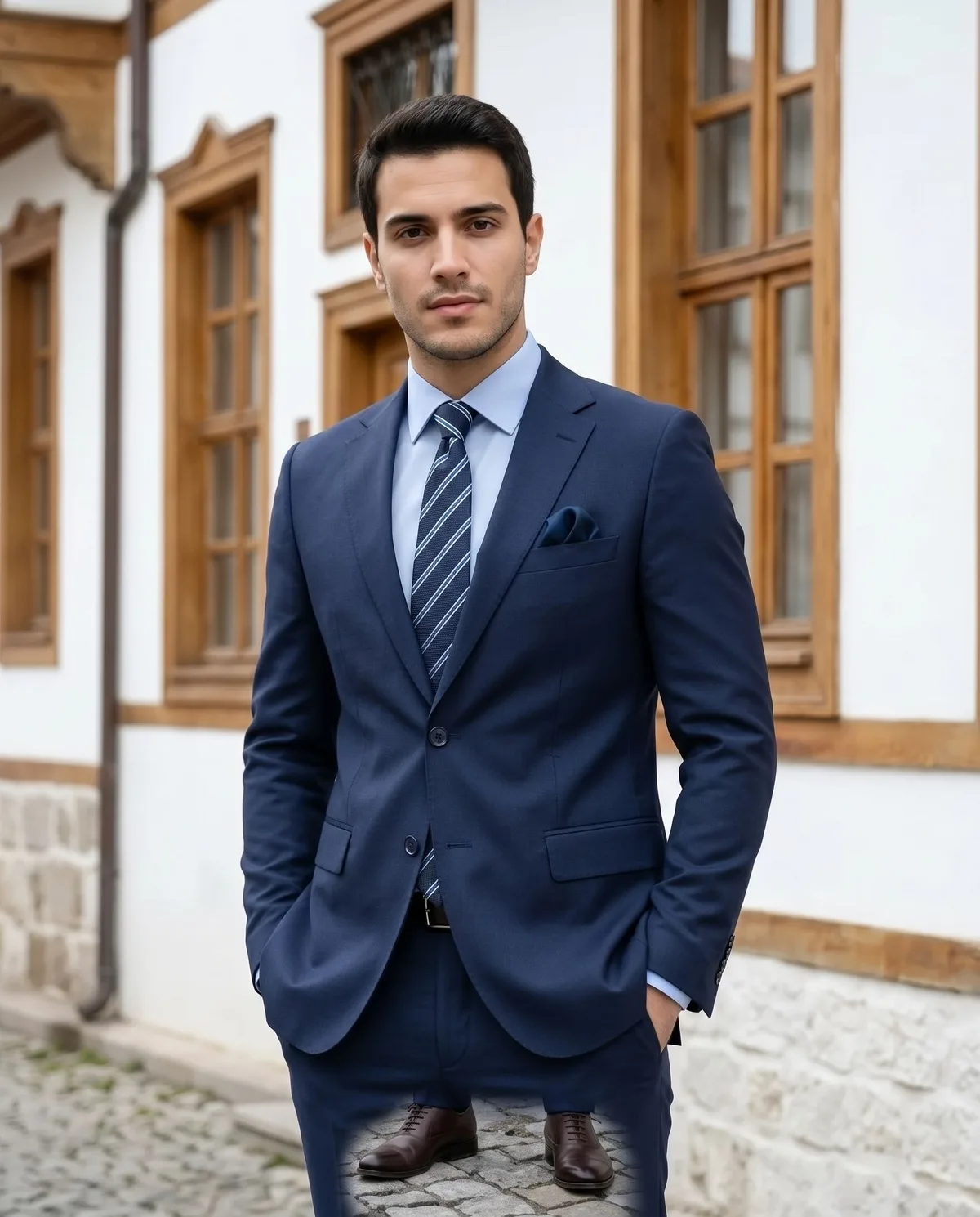 Navy Slim Fit Suit — Striped Tie - 5