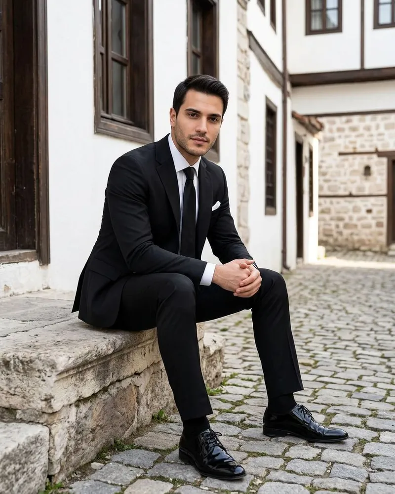 Black Slim Fit Suit Black Tie - SAVAS